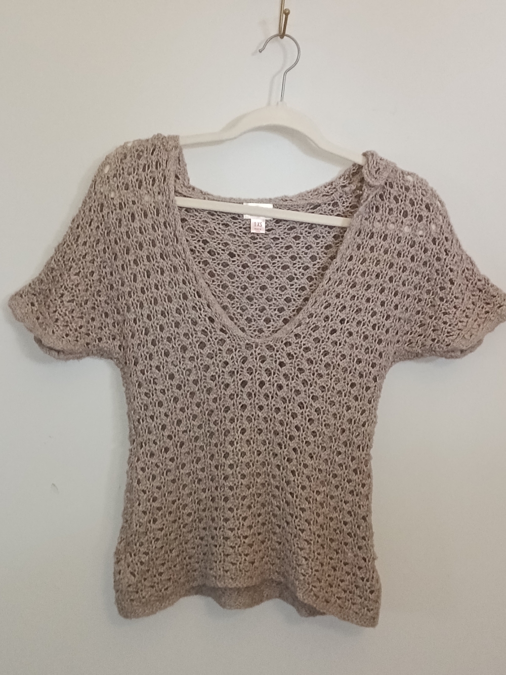 Vintage Y2K Mossimo Supply Co Crochet Knit V-Neck Short Sleeve Hooded Sweater XS